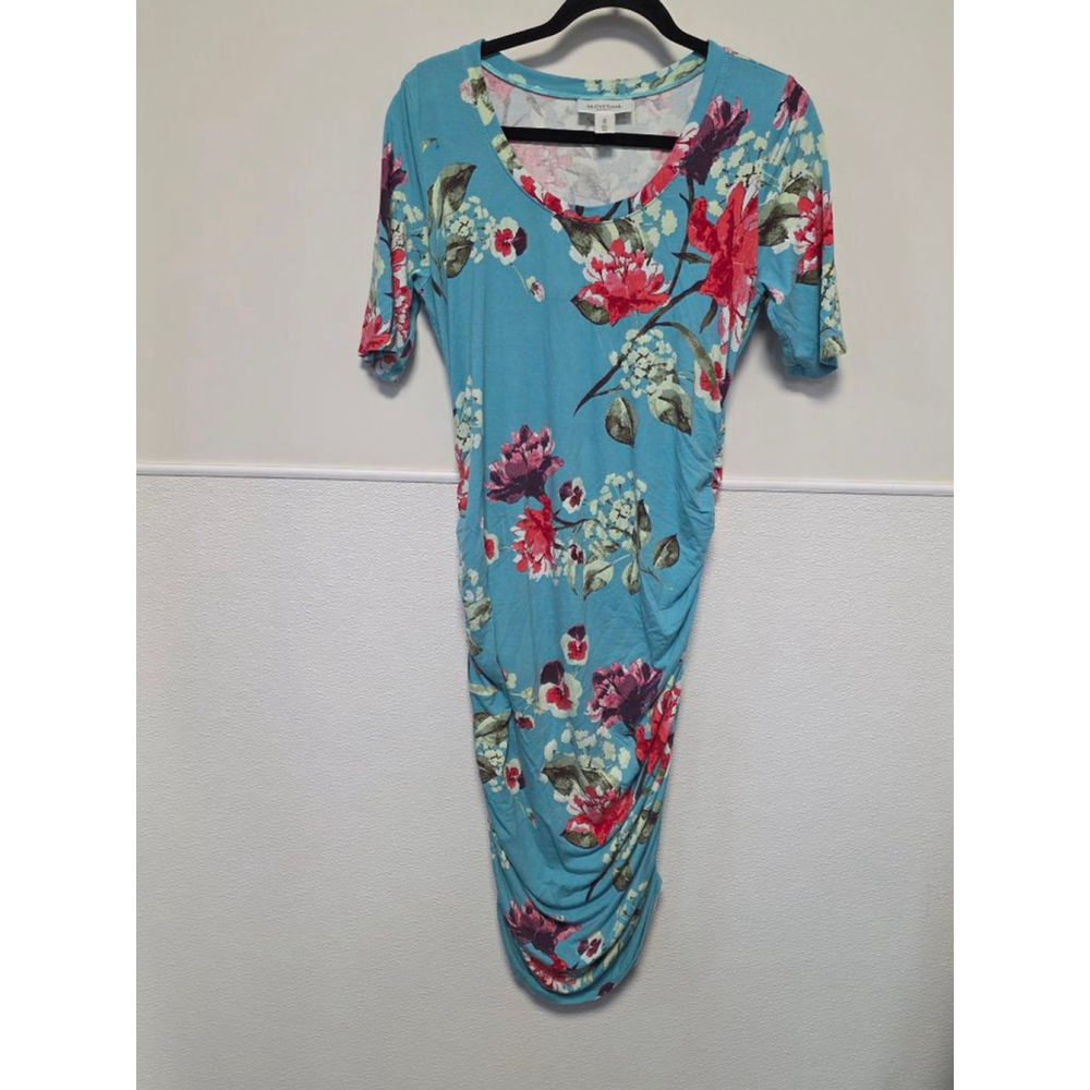 Women's Motherhood Maternity Blue Red Floral Ruched Midi Dress M